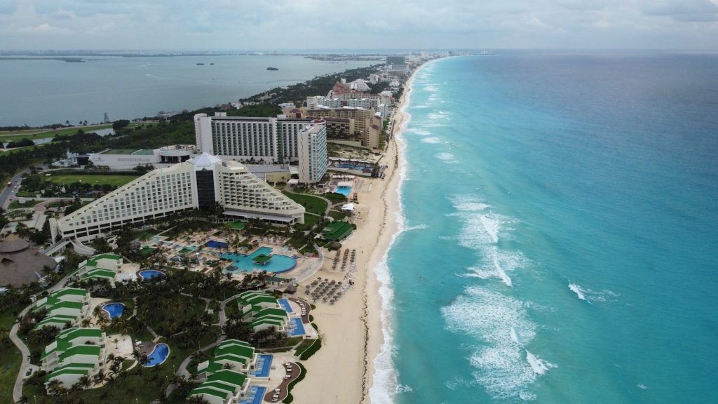 Quintana Roo real estate: aerial view of the turquoise Caribbean coastline in the Riviera Maya, Mexico